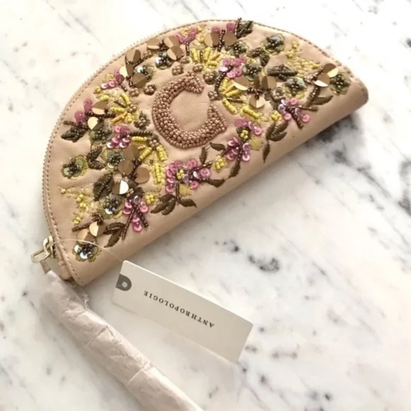 NWT Anthropologie Leather Beaded Monogram Clutch Letter C - Picture 1 of 7
